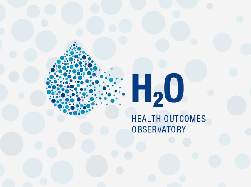 The picture shows the logo of H2O - Health Outcomes Observatory, with a white background with gray dots and in front the name in blue letters and a drop of water made out of little blue dots in different sizes and shades.